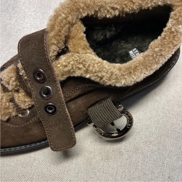 Stuart Weitzman Brown Suede Shearling-Lined Shoe with buckle closure & lug sole - Picture 5 of 12